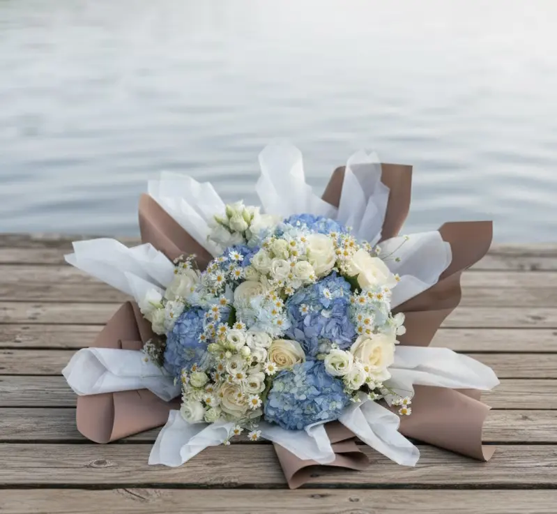 Bouquet bleu et ivoire luxe — Collection Baby Shower naissance Paris La Fille du Fleuriste