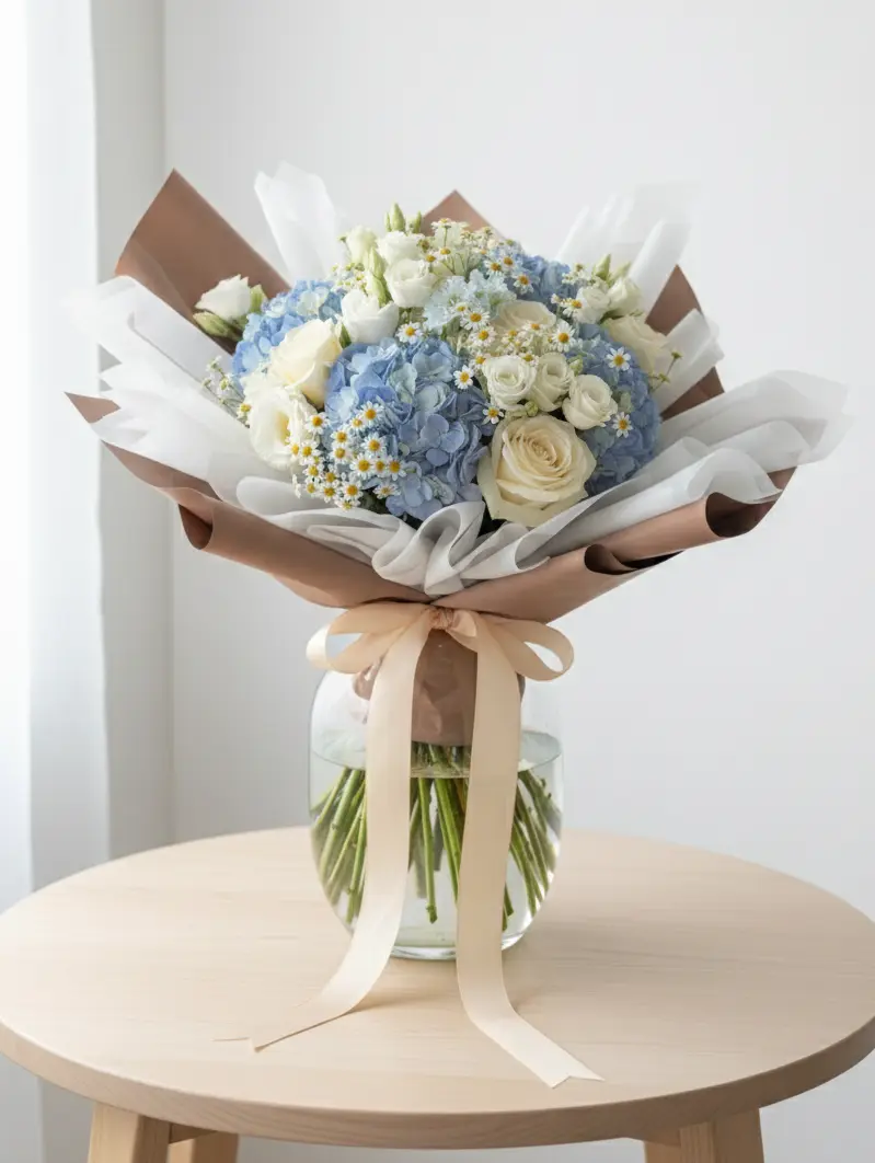 Bouquet Angel hortensias bleu ciel roses ivoire composition florale élégante