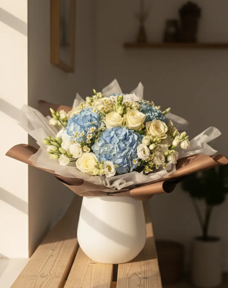 Bouquet gender reveal bleu pastel fleurs blanches et ivoire luxe