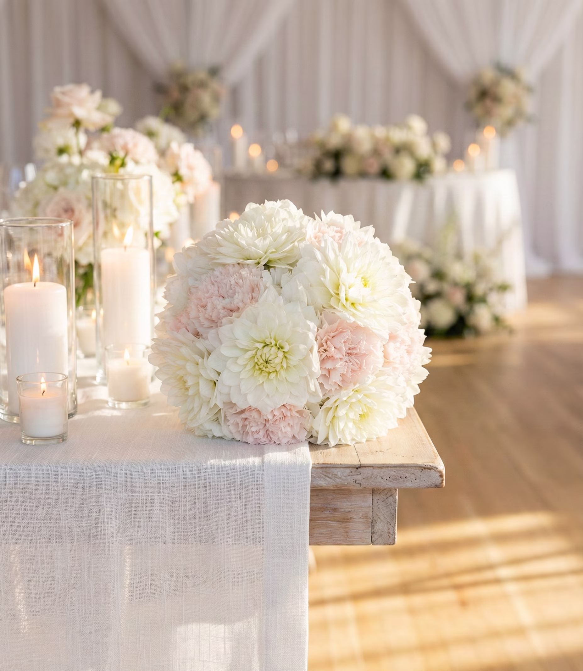 Bouquet de mariée élégant blanc et rose pâle avec textures contrastées de fleurs