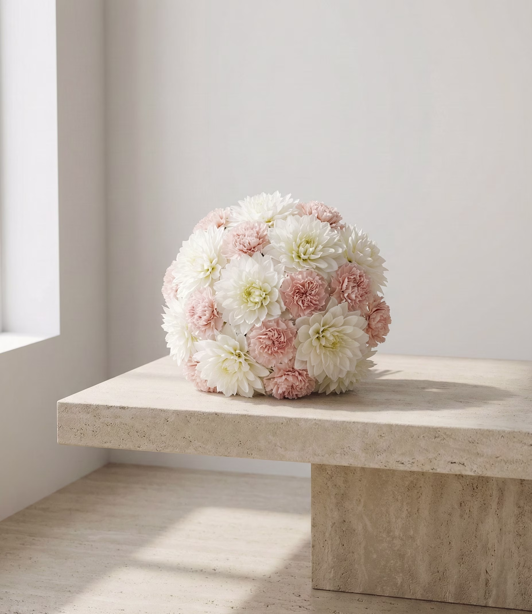 Composition florale mariage sans feuillage avec dahlias blancs et œillets roses