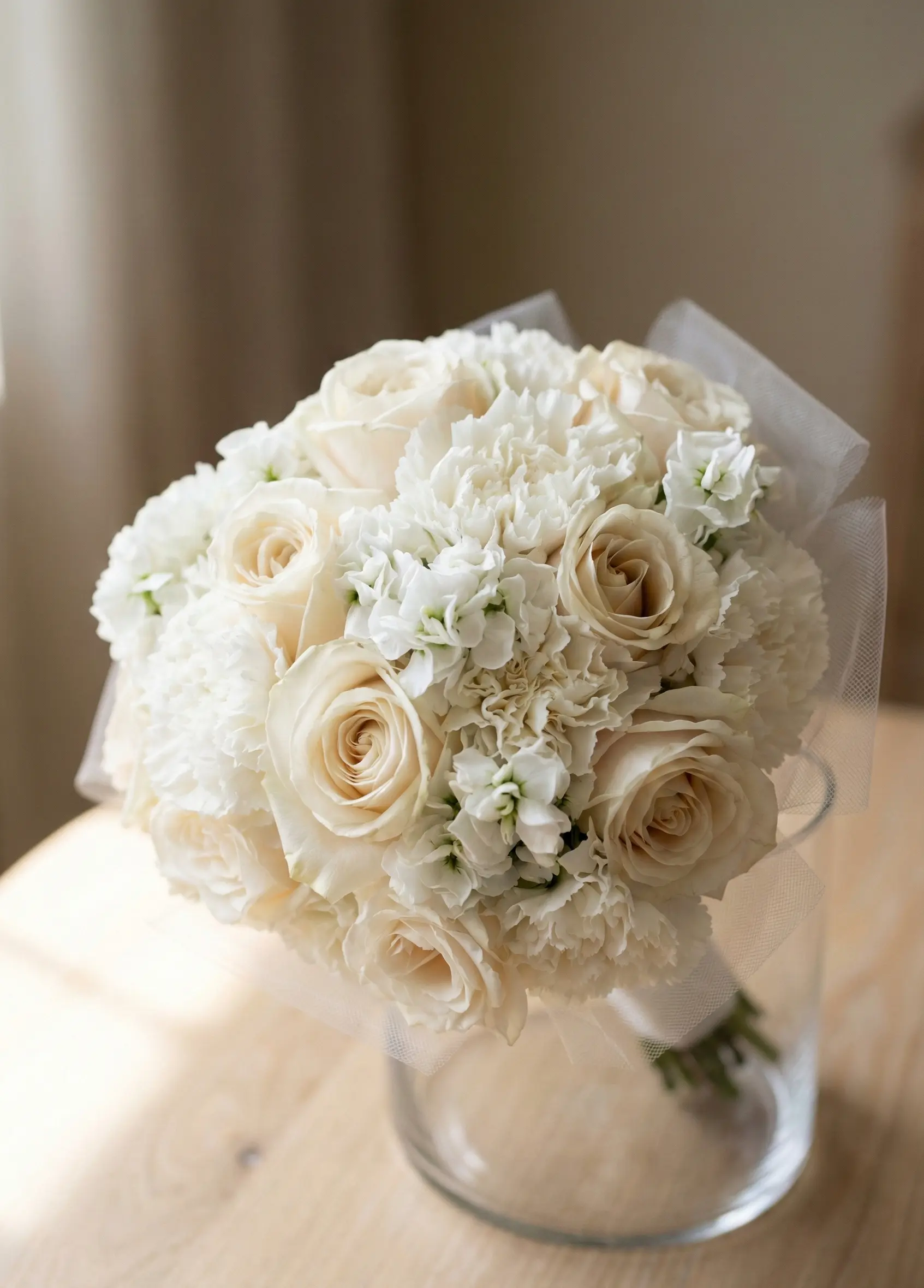 Bouquet mariage ivoire moderne aux roses ivoire et œillets blancs soyeux