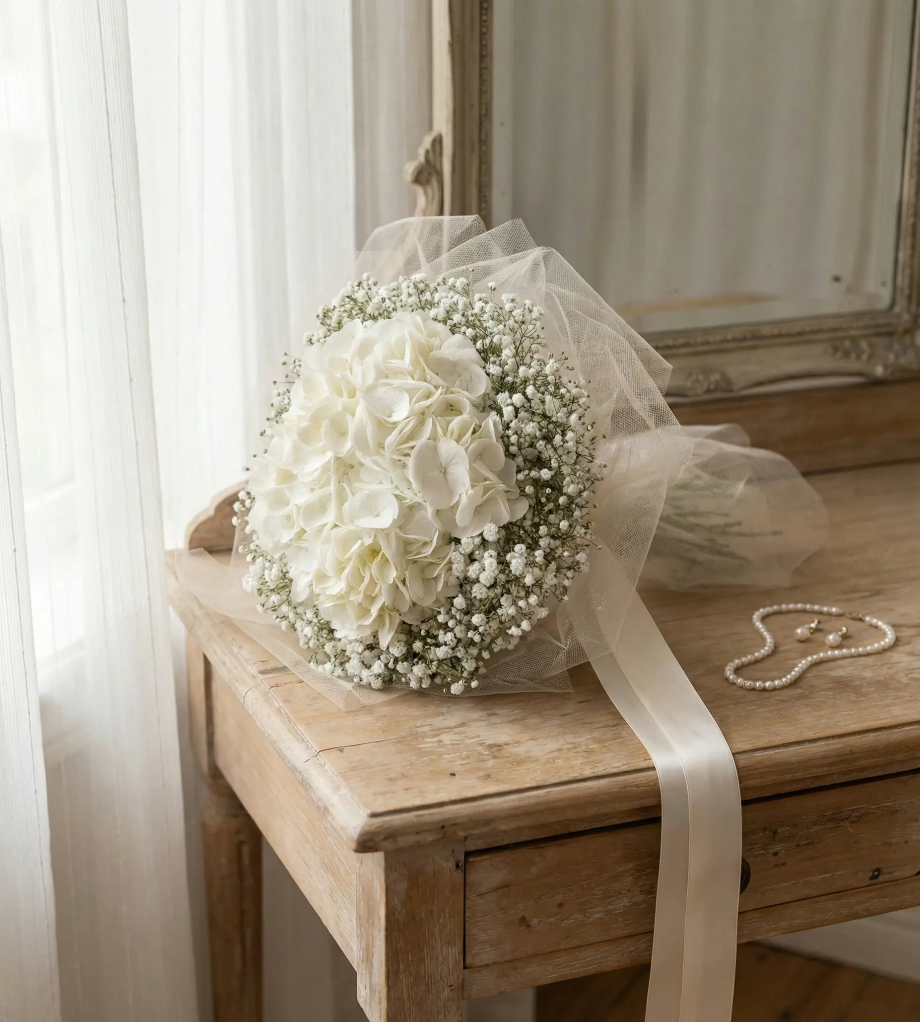 Bouquet mariage blanc gypsophile et hortensia style romantique et raffiné
