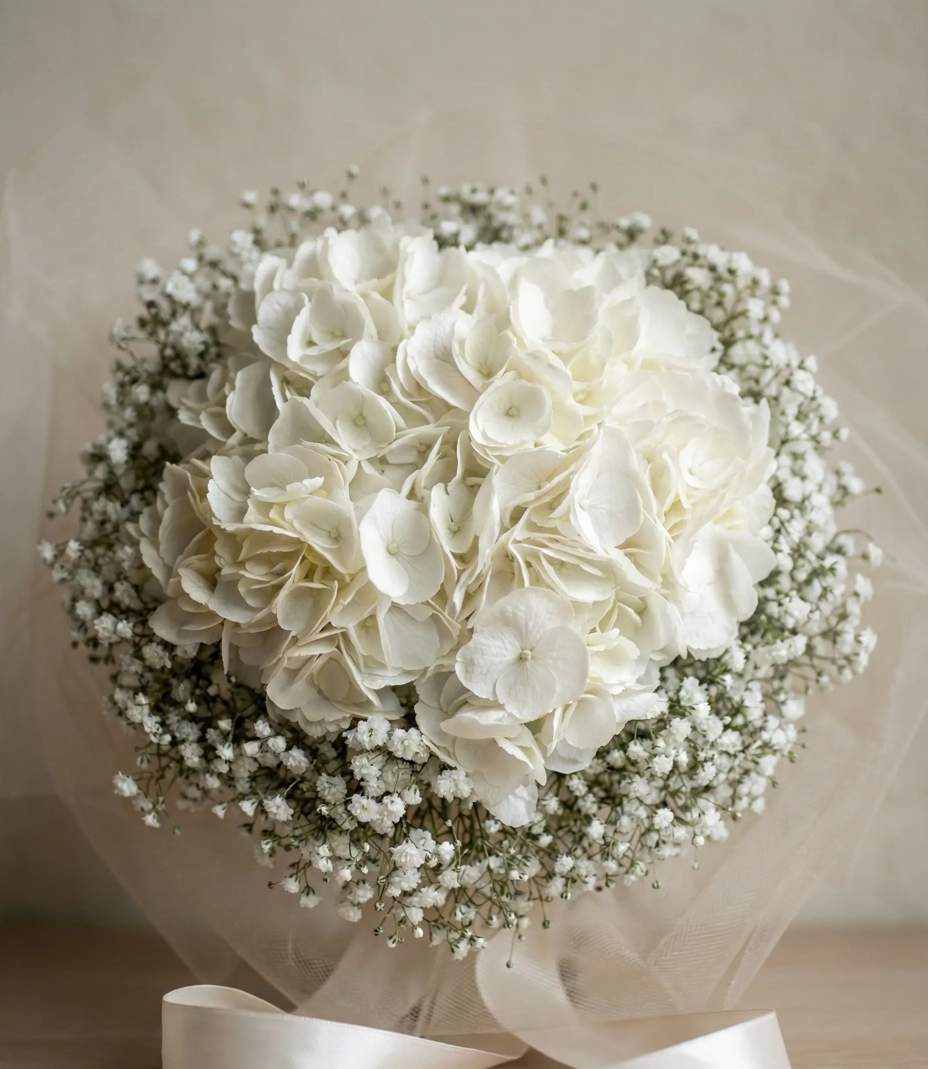 Composition florale mariée blanche tulle satin bouquet romantique