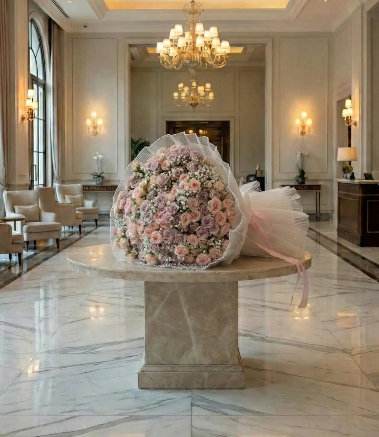 Bouquet luxe gypsophile et roses pastel création signature raffinée