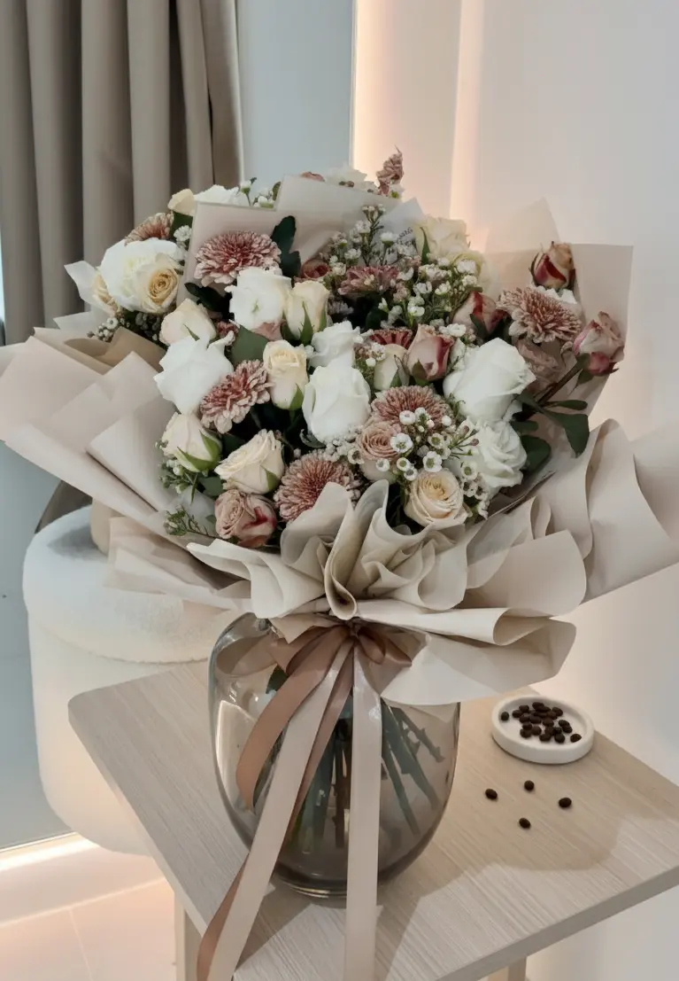 Bouquet Cappuccino avec roses blanches, roses ivoire et chrysanthèmes cappuccino style floral moderne