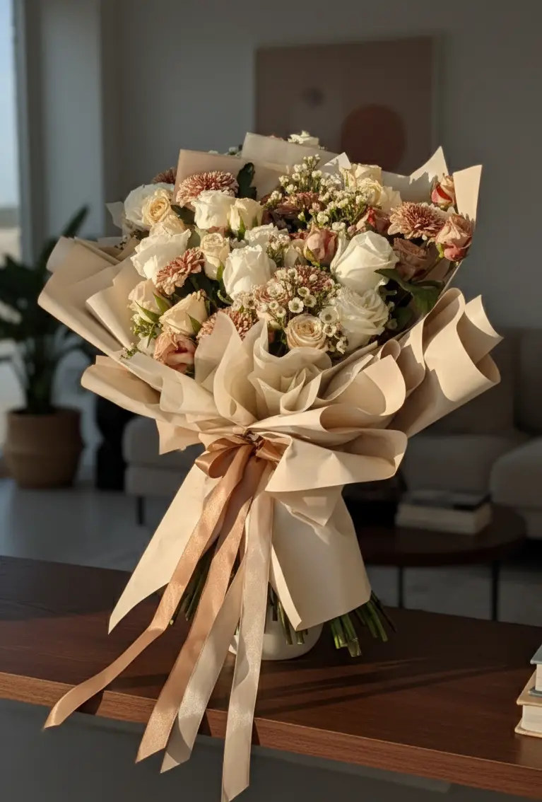 Bouquet de fleurs Cappuccino élégant avec roses crème et wax dans une composition florale raffinée