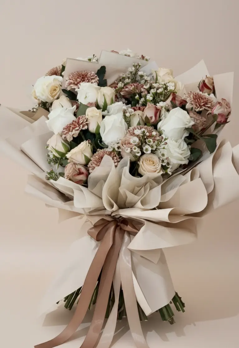 Composition florale Cappuccino avec roses blanches et chrysanthèmes moka bouquet haut de gamme