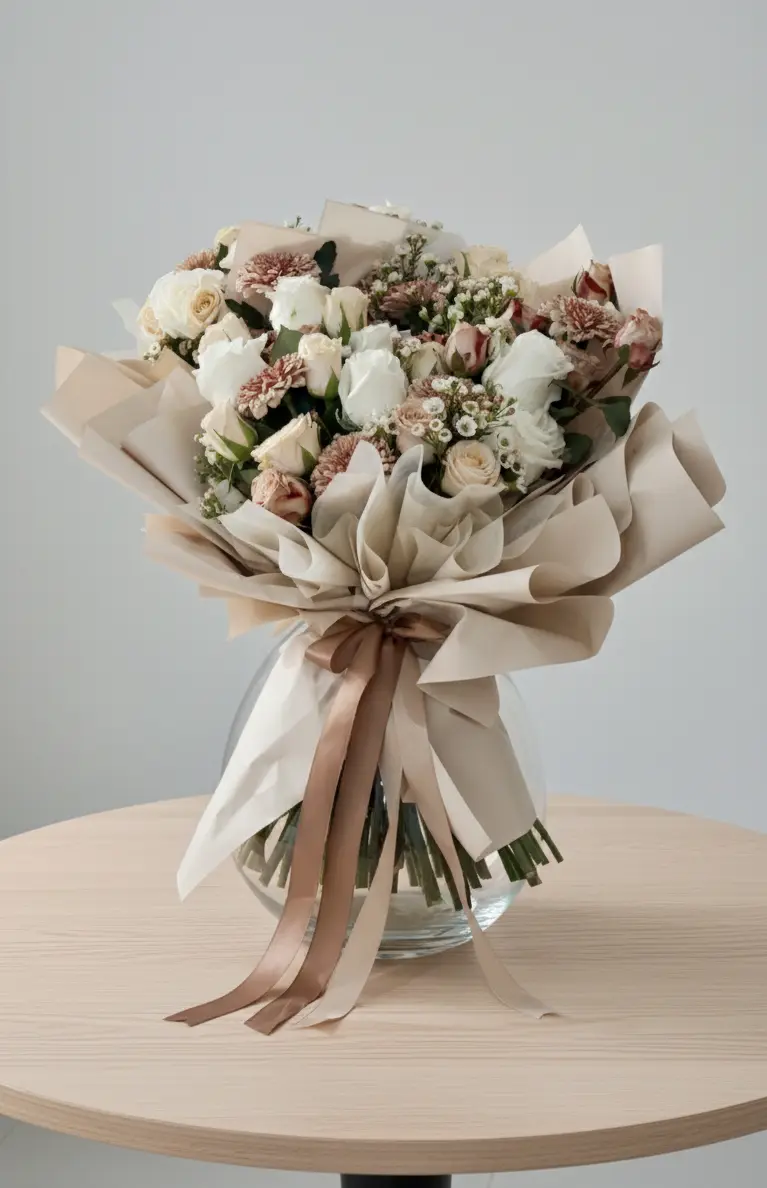 Bouquet Cappuccino design avec roses ivoire et fleurs de cire dans un style moderne et épuré