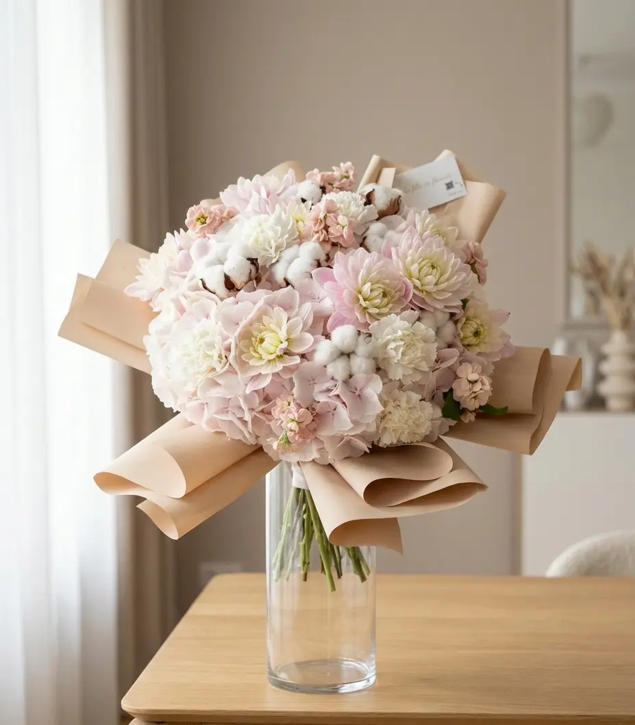Bouquet sculptural fleurs de coton hortensias œillets style luxe et décoration mariage