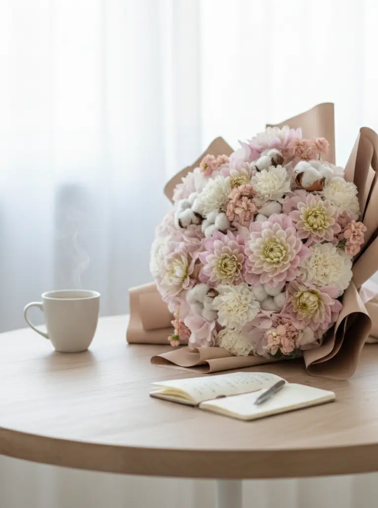 Arrangement floral haut de gamme tons nude dahlias et hortensias élégance raffinée